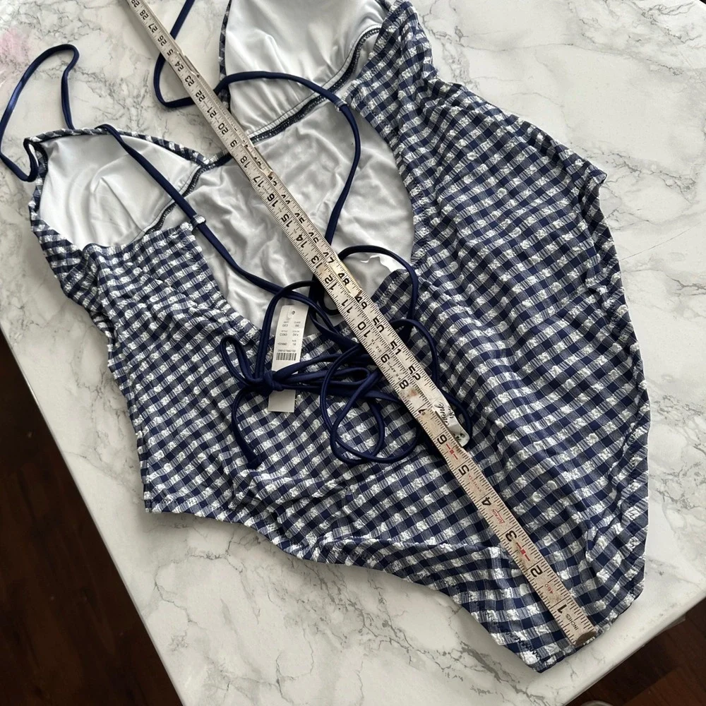 J. Crew Strappy Gingham Navy One Piece Swimsuit Women's Size 16 NEW retro style